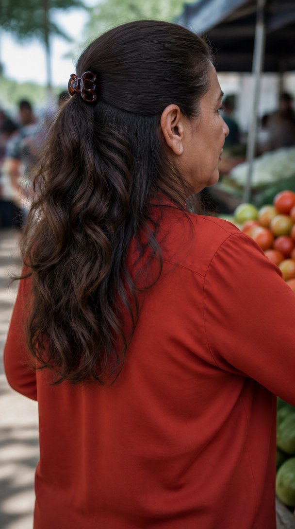 Latina woman over 50 with long wavy hair in a half-up style with a tortoiseshell clip
