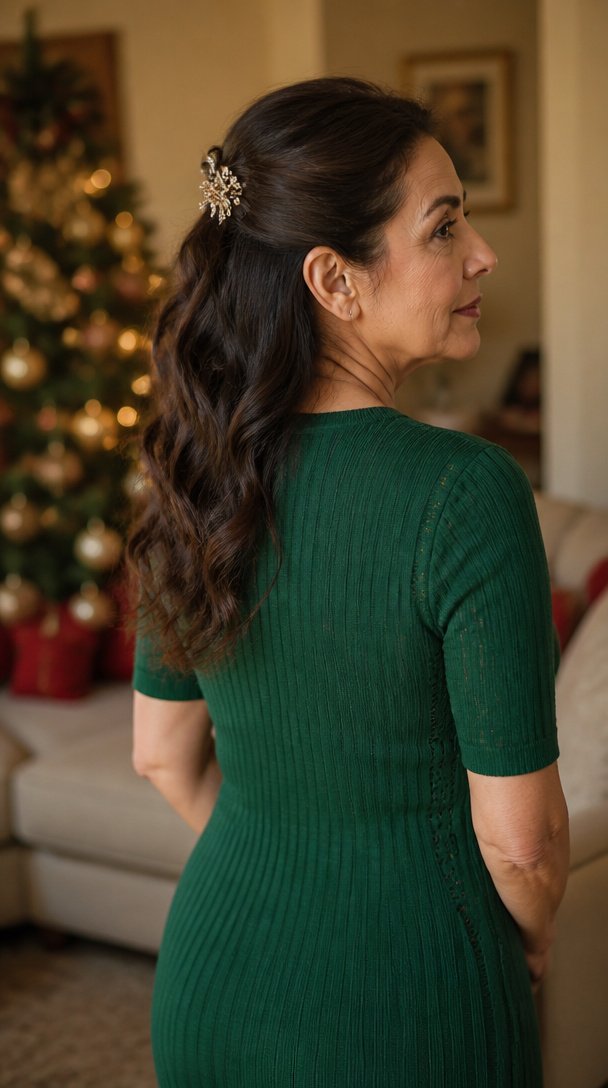 Latina woman over 50 with long wavy hair in a half-up twist held by a crystal barrette