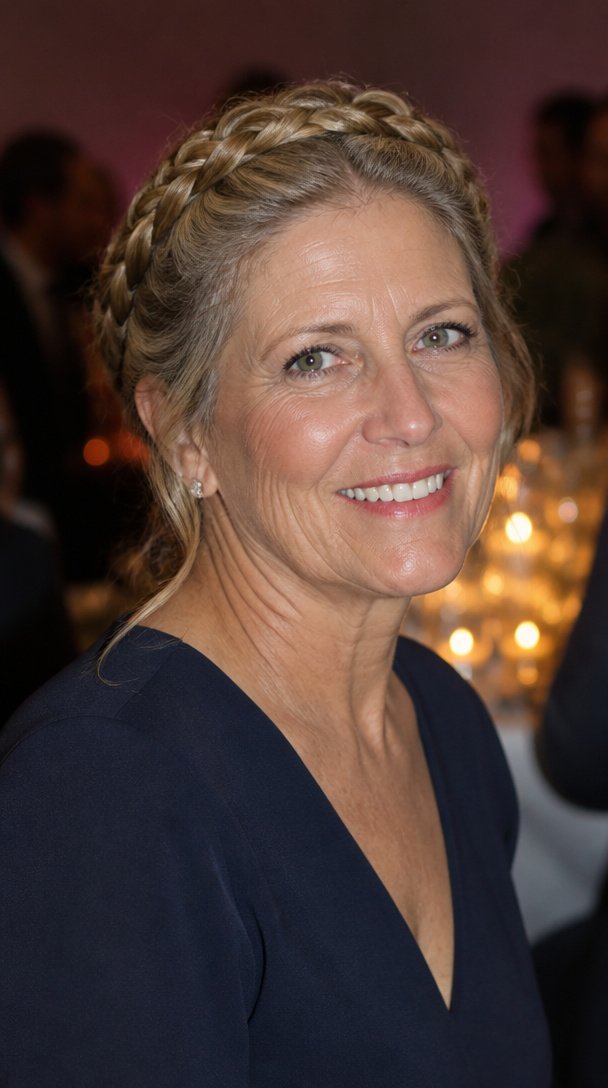 Woman over 50 with a halo braid wrapped around her crown at a holiday gathering