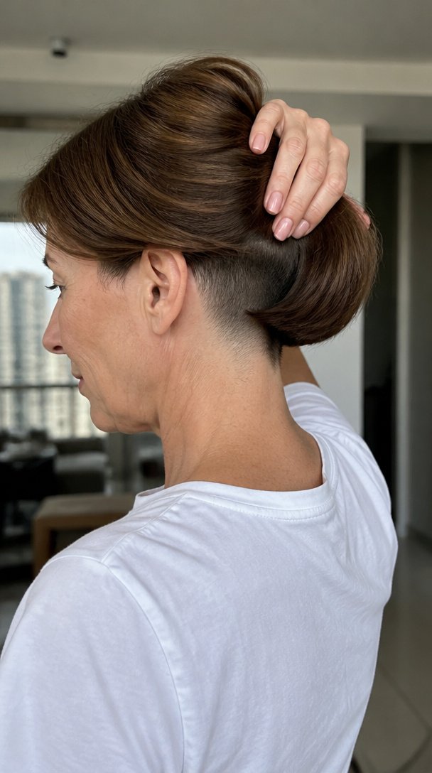 Woman over 50 lifting her thick chestnut bob to show a clipped undercut at the nape