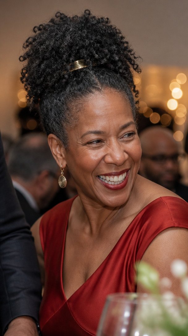 Black woman over 50 with a high salt-and-pepper curly updo and gold hair cuff at a holiday party