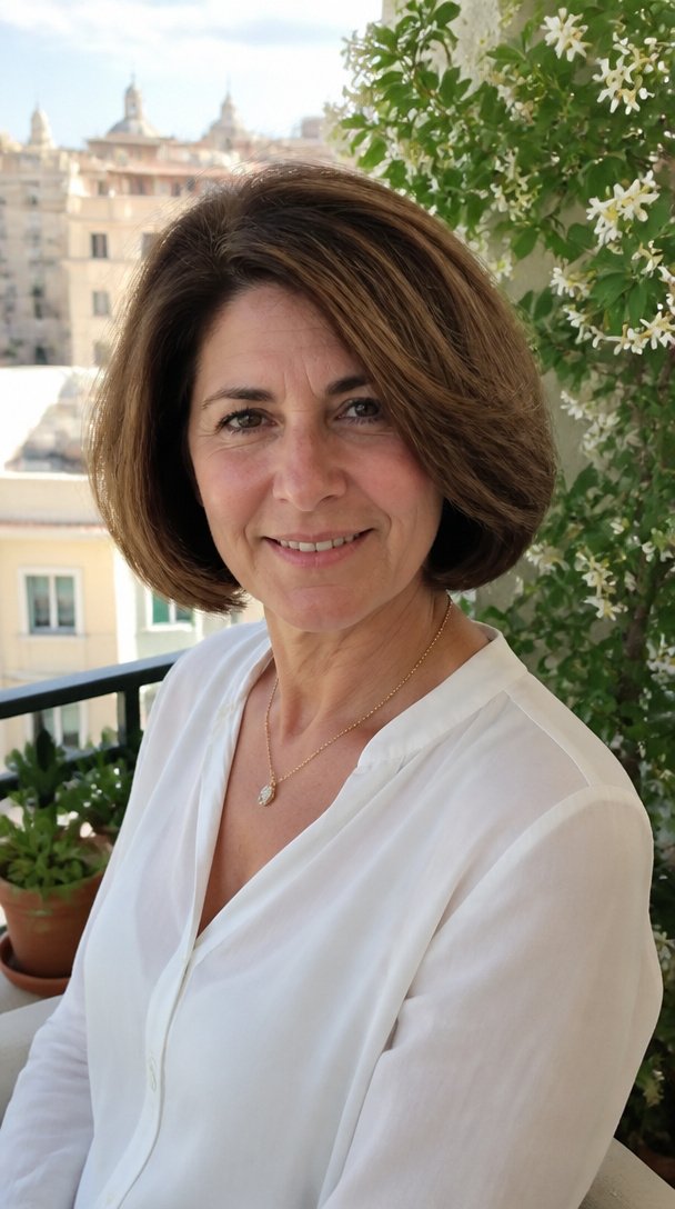 Woman over 50 with a thick glossy chestnut Italian bob on a sunny balcony