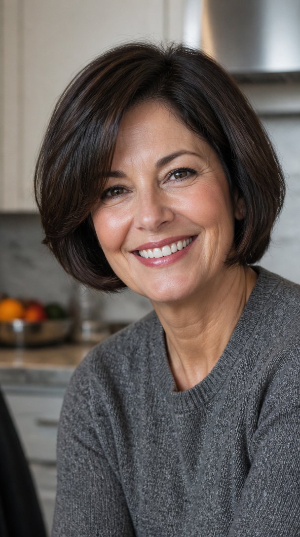 Woman over 50 with thick dark brown hair in a rounded layered bob