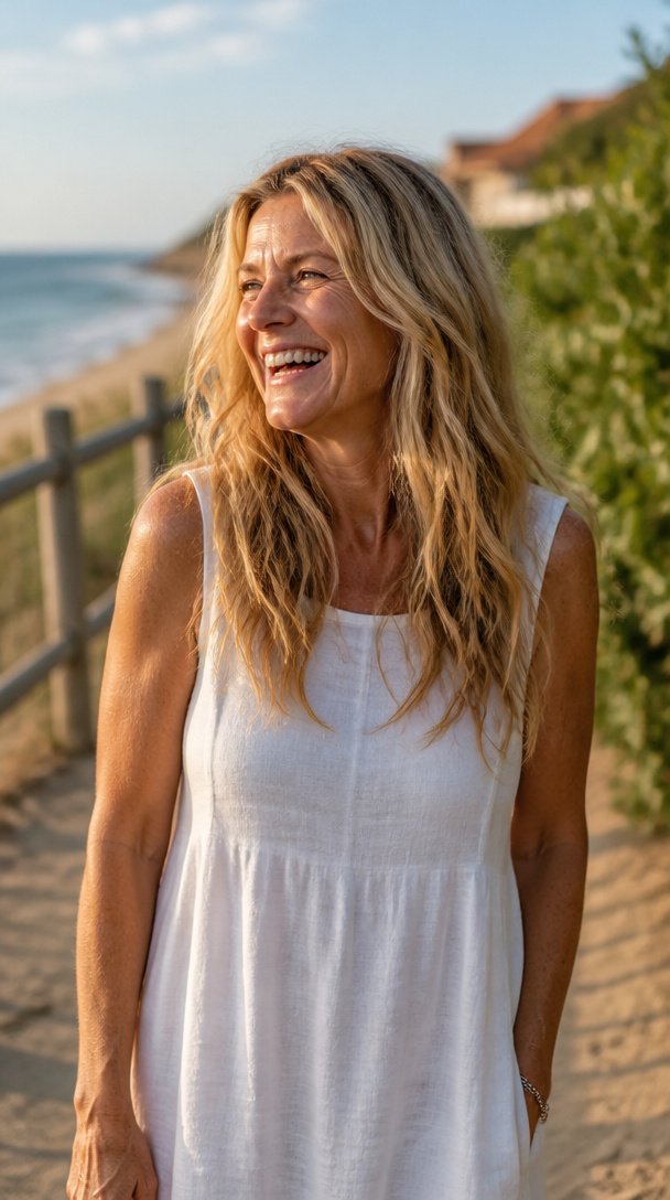 Woman over 50 with long honey blonde beach waves laughing on a seaside path