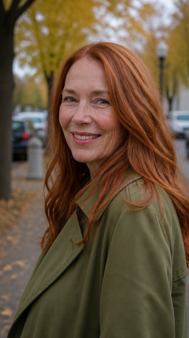 Woman over 50 with long copper red wavy hair on an autumn street