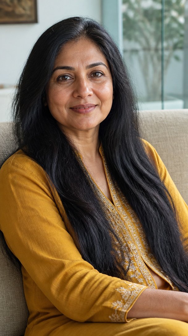 South Asian woman over 50 with long thick straight black hair and face-framing layers