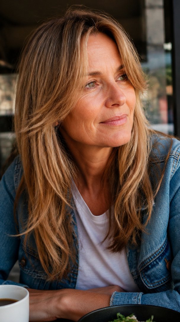 Woman over 50 with long dark blonde hair and curtain bangs at a cafe table