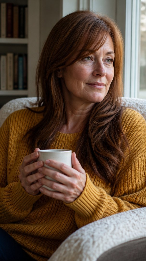 Woman over 50 with long auburn hair and side-swept bangs holding a mug