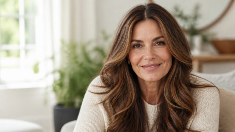 Woman over 50 with long glossy chestnut hair in soft waves with face-framing layers