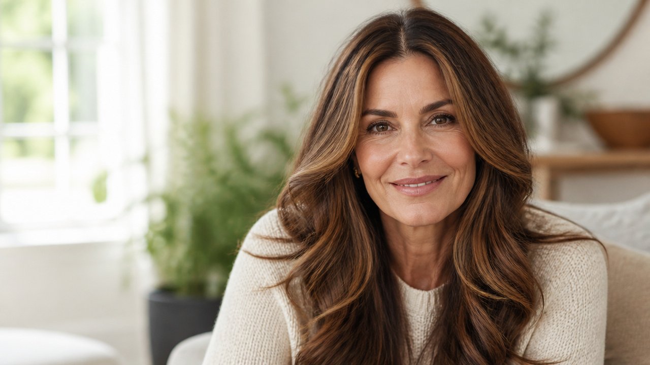 Woman over 50 with long glossy chestnut hair in soft waves with face-framing layers