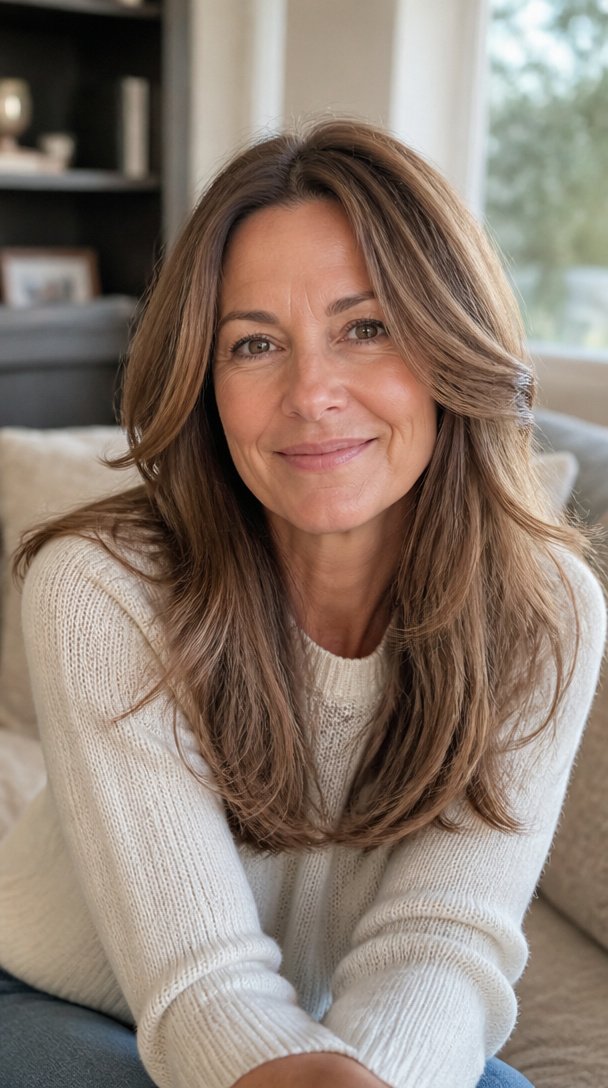 Woman over 50 with long light brown hair and soft face-framing layers in a bright living room