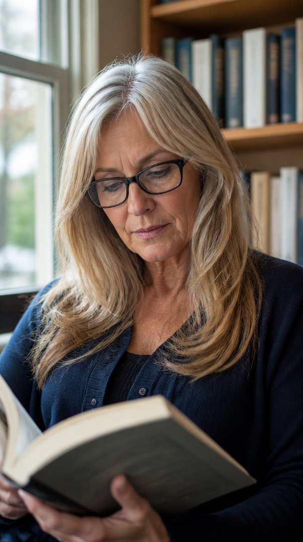 Woman over 60 wearing glasses with long blended blonde and silver hair and face-framing layers