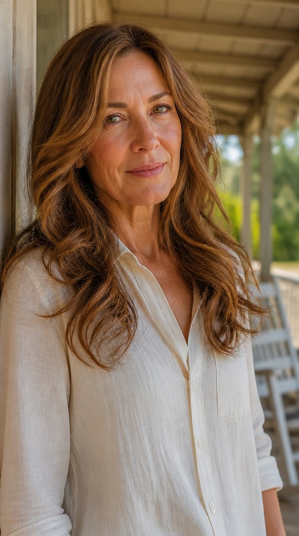 Woman over 50 with long thick wavy honey brown hair cut with gentle layers
