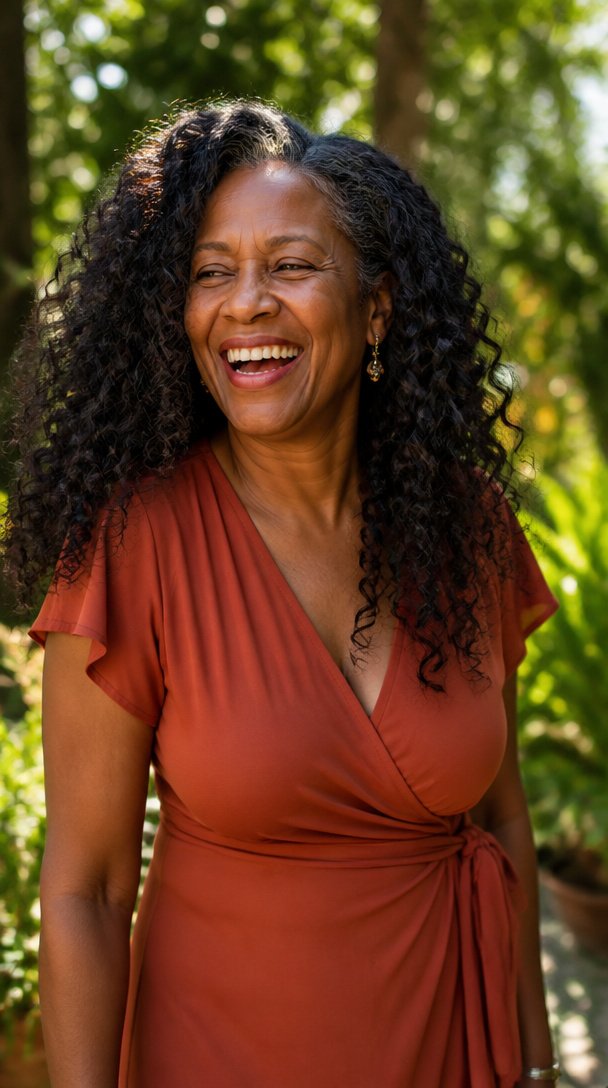 Black woman over 50 with long natural curly hair with silver strands laughing in a garden