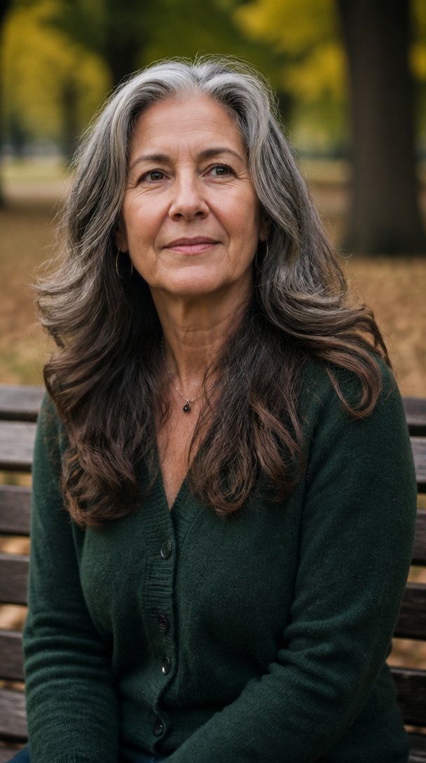 Woman over 60 with long salt-and-pepper wavy hair on a park bench in autumn