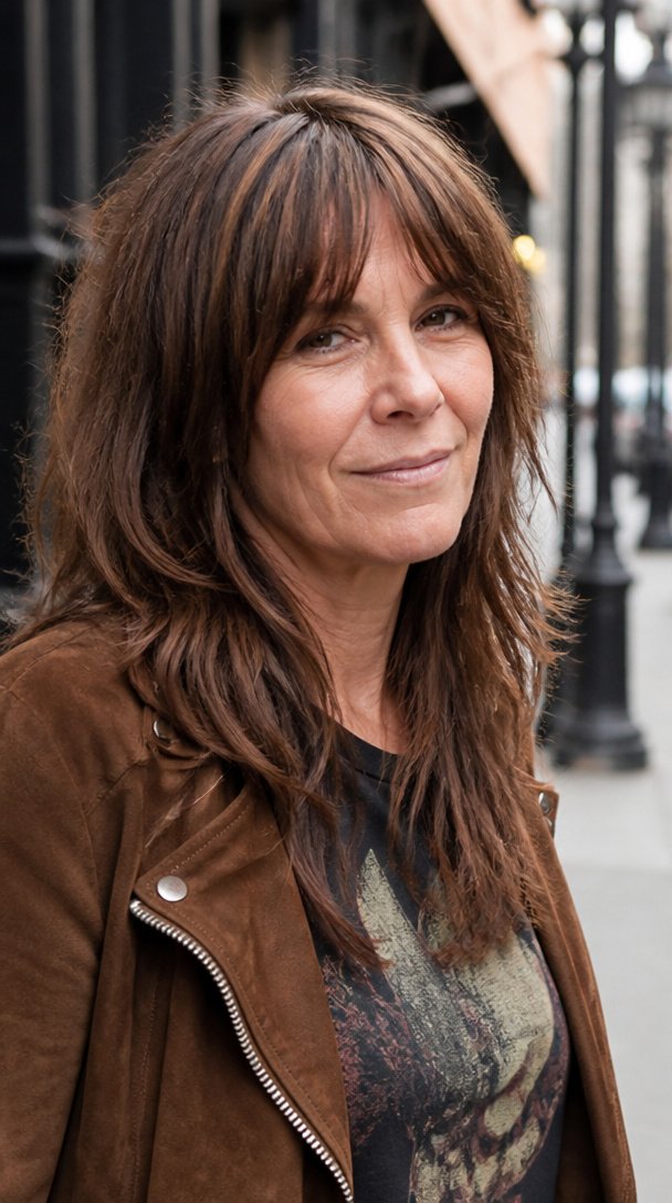 Woman over 50 with a long chestnut shag haircut and wispy fringe on a city street