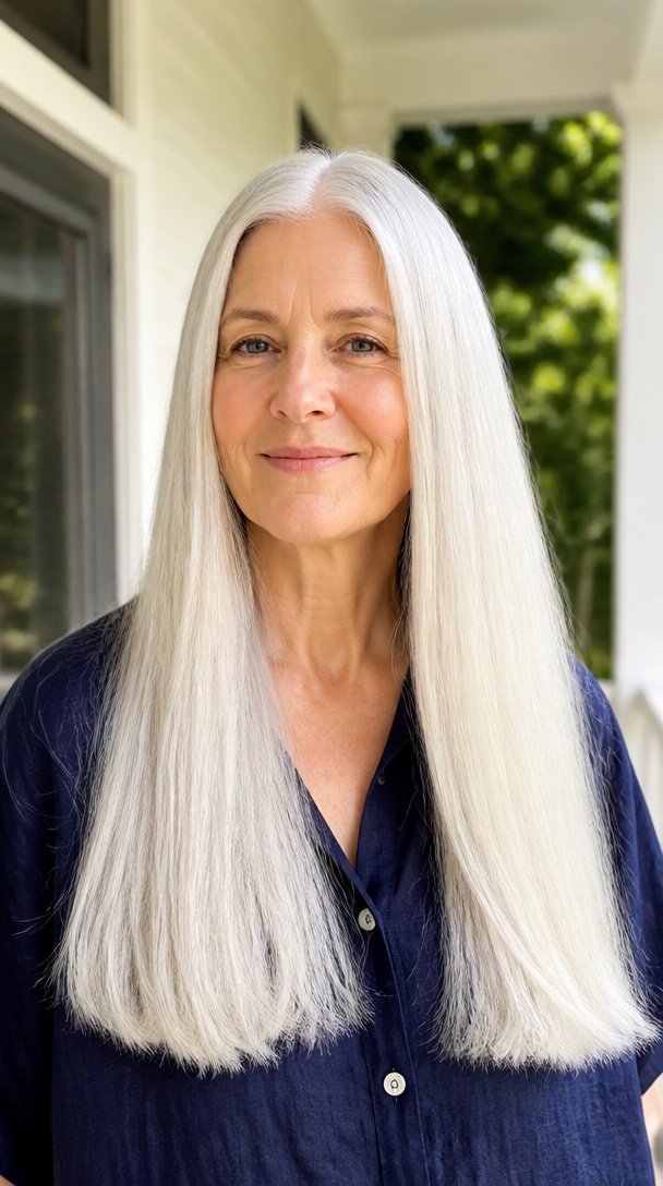 Woman over 60 with long straight silver white hair with blunt ends on a sunny porch