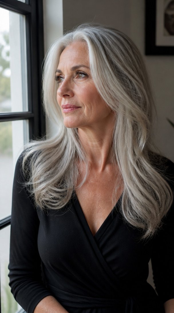 Woman over 60 with long thick silver hair in loose layered waves by a window