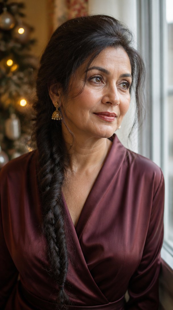 South Asian woman over 50 with a long loose braid over one shoulder near a window with Christmas lights