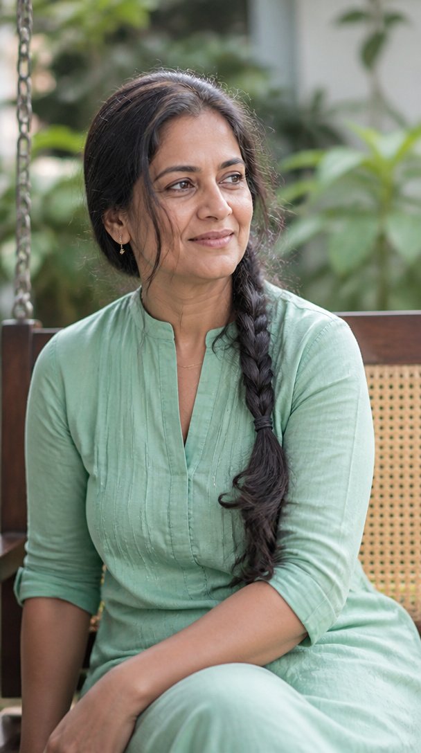 South Asian woman over 50 with long black hair in a loose side braid on a garden swing