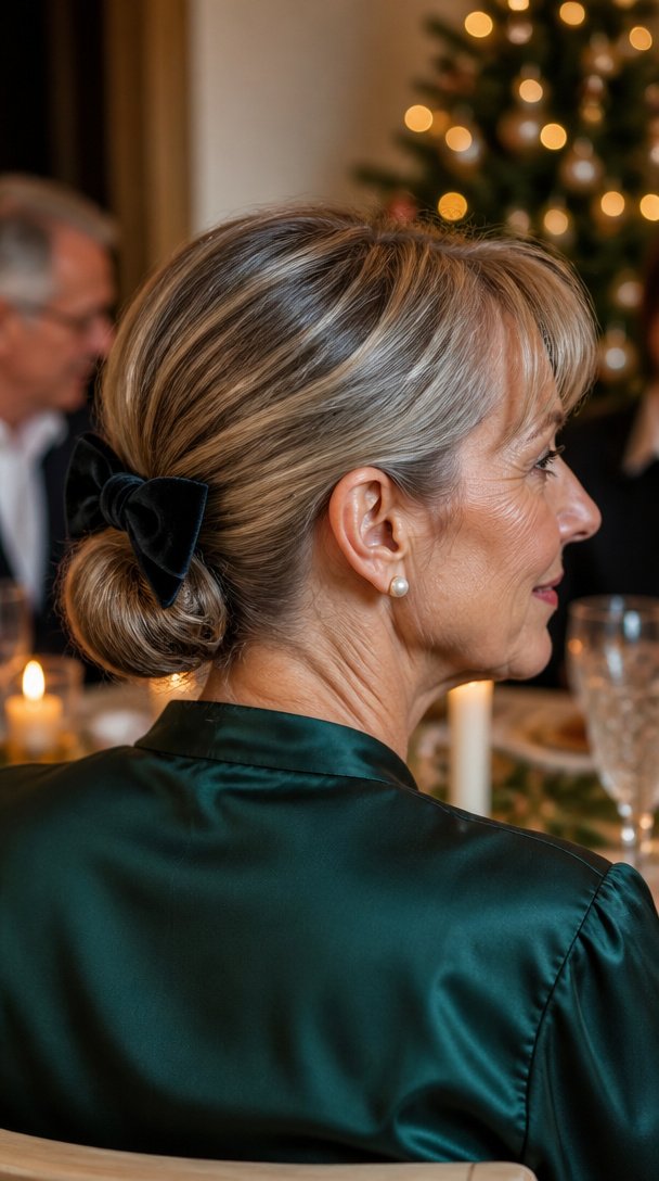 Woman over 50 with a low chignon and a black velvet bow at a Christmas dinner
