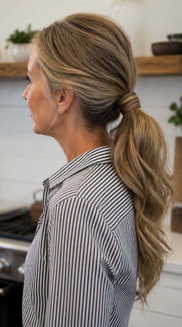 Side view of a woman over 50 with a voluminous low ponytail wrapped at the base