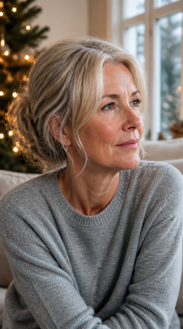 Woman over 50 with fine ash blonde hair in a messy low bun with face-framing pieces