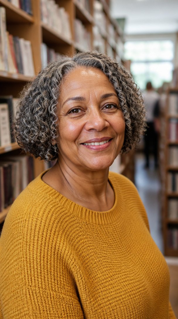 Black woman over 60 with a defined salt-and-pepper natural curly bob in a bookstore