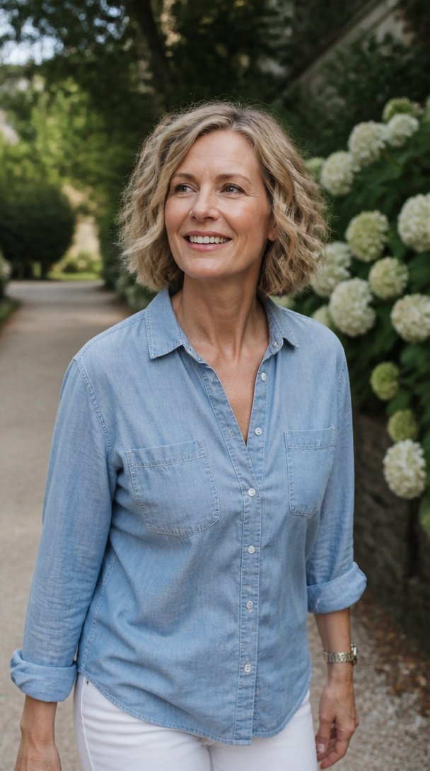 Woman over 50 with a chin-length wavy bob in dark blonde walking on a garden path