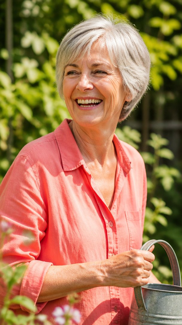 Woman over 60 with a white-gray pixie bob and feathered fringe laughing in a garden