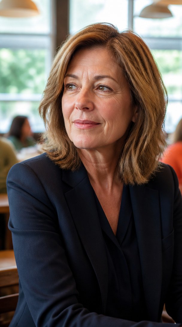 Woman over 50 with a thick dark blonde shoulder-length lob with point-cut ends