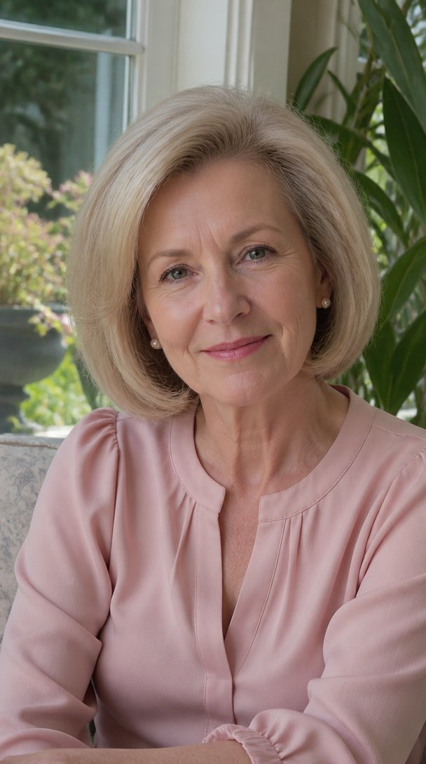 Woman over 60 with fine gray-blonde hair in a rounded volume bob in a sunroom