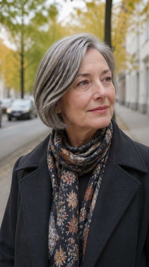 Woman over 60 with a salt-and-pepper bob blended with soft lowlights on a tree-lined street