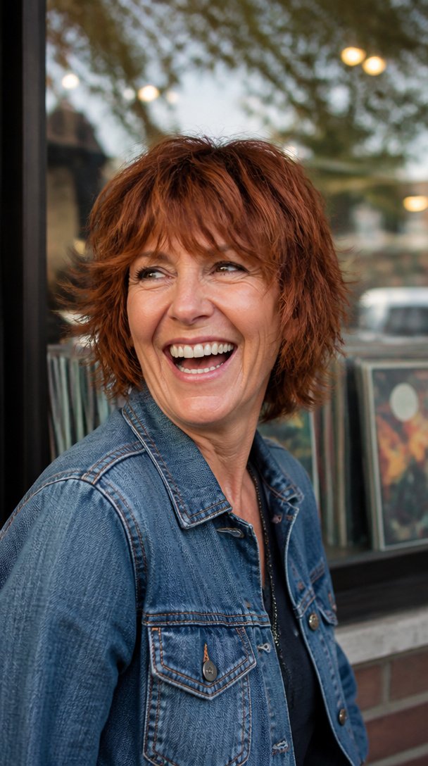 Woman over 50 with a choppy auburn shaggy bob and wispy fringe laughing outdoors