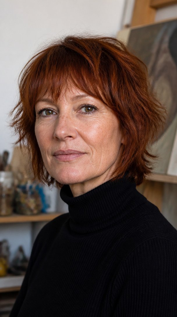 Woman over 50 with a thick auburn shaggy bob with choppy layers and wispy fringe