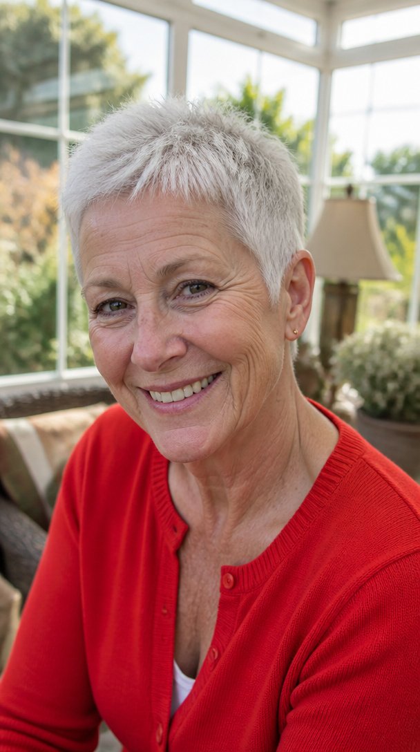 Woman over 60 with thick coarse white gray hair in a very short textured crop
