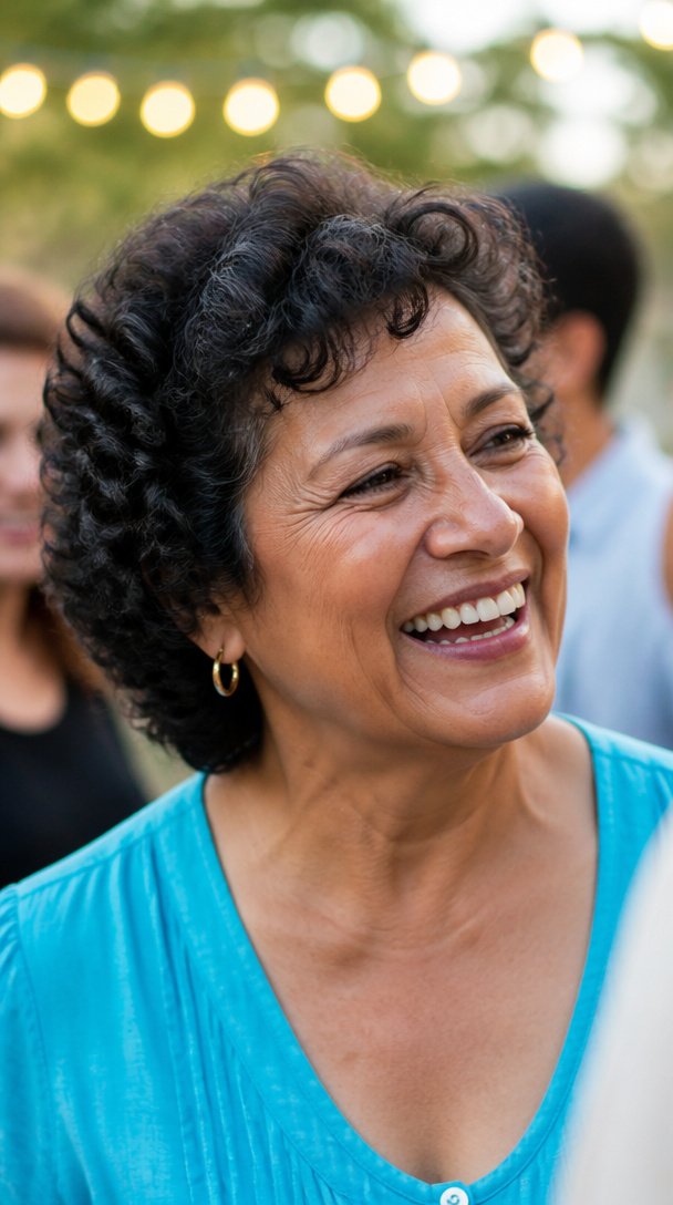 Latina woman over 50 with thick dark curly hair in a short layered curly cut