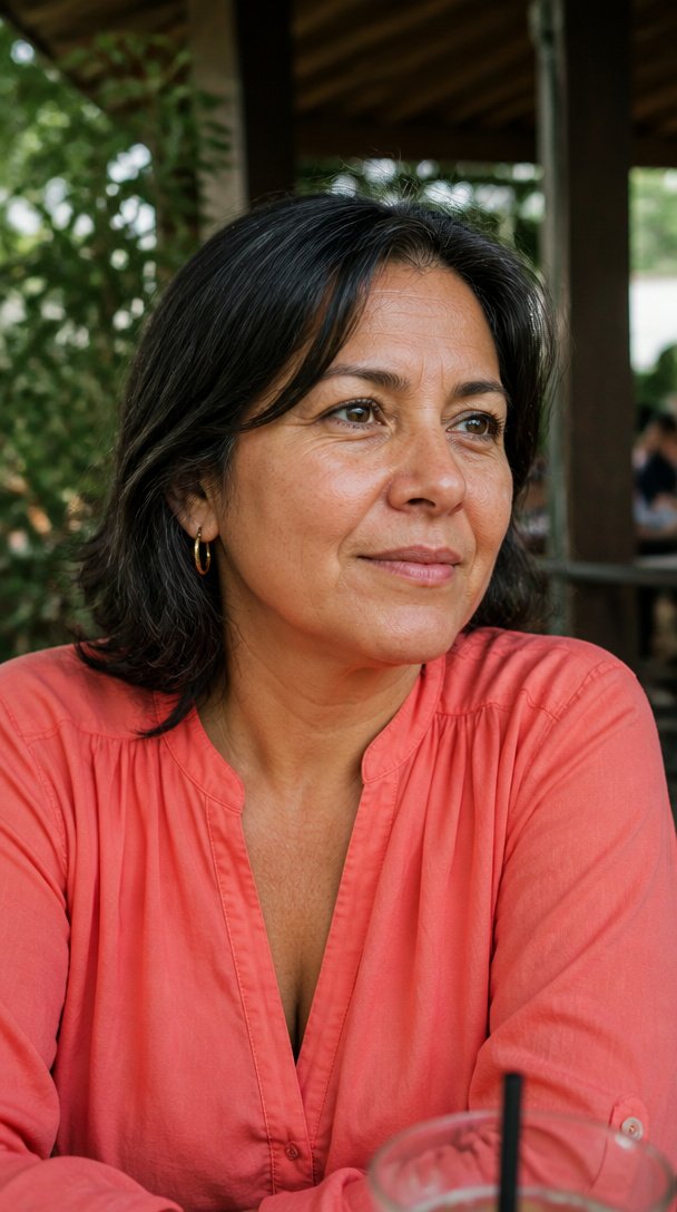 Latina woman over 50 with thick black hair in a side-part lob at an outdoor cafe