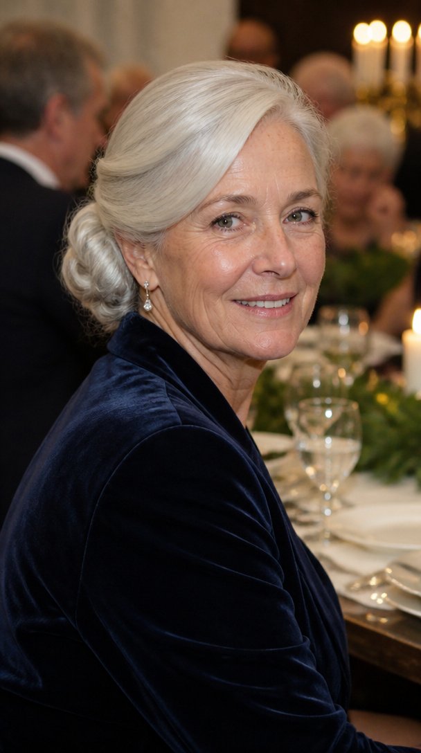 Woman over 60 with white silver hair in a side-swept chignon at an elegant holiday dinner