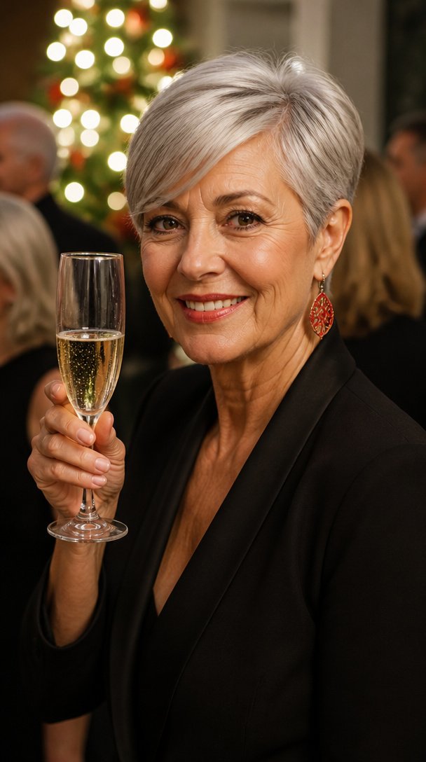 Woman over 50 with a side-swept silver pixie cut holding champagne at a Christmas party