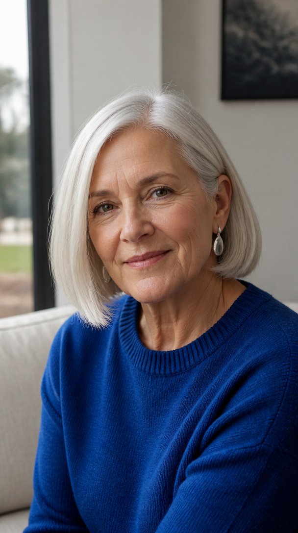 Woman over 60 with bright silver white hair in a blunt chin-length bob