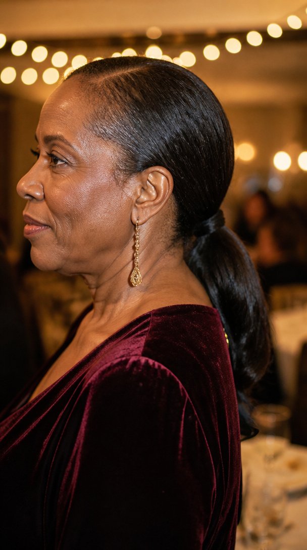 Black woman over 50 with a sleek low ponytail wrapped at the base at a holiday party