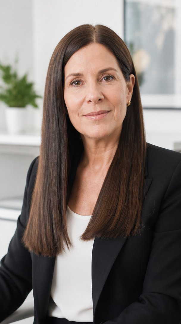 Woman over 50 with long sleek straight dark brown hair and a center part in an office