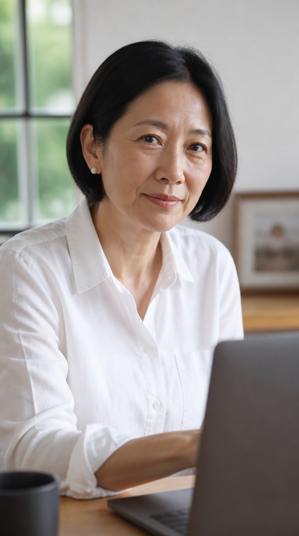 East Asian woman over 50 with a sleek black bob tucked behind one ear at a desk