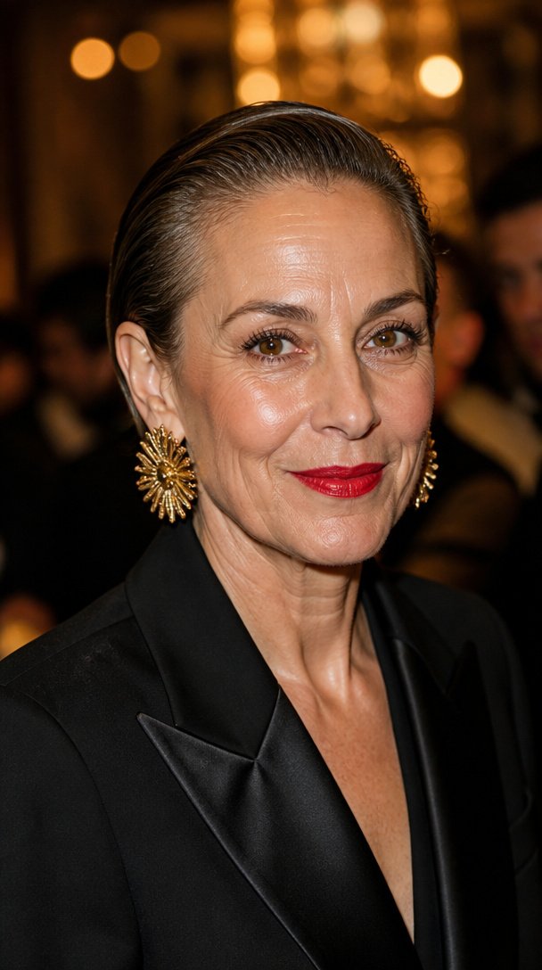 Woman over 50 with short slicked-back hair, red lipstick and gold earrings at a holiday gala