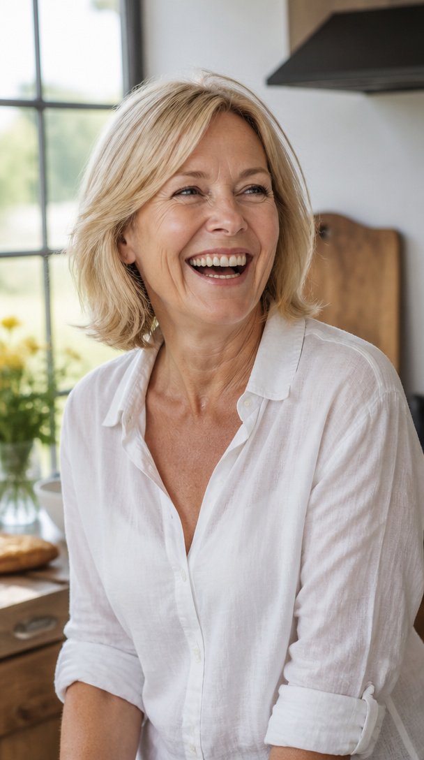 Woman over 60 with fine blonde hair in a soft layered bob laughing in a sunny kitchen