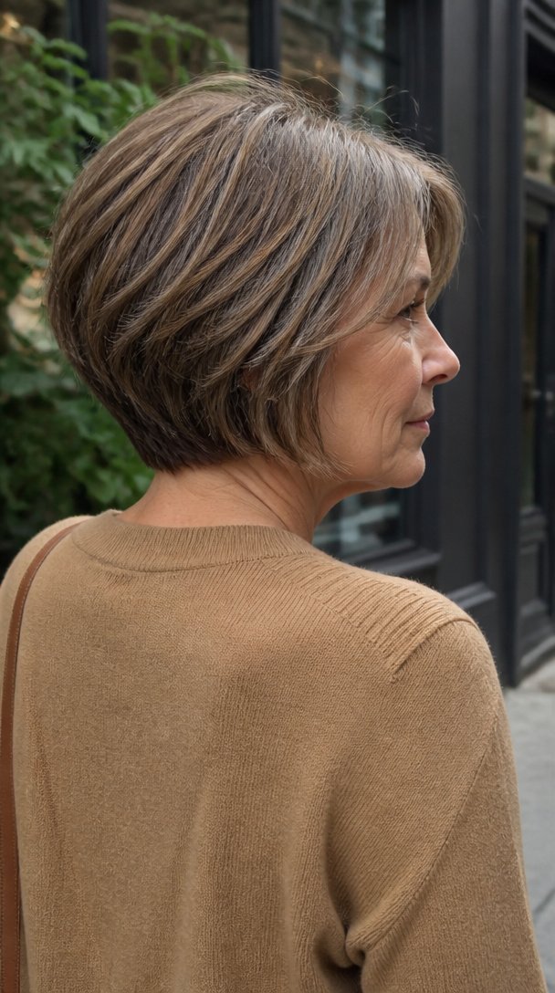 Three-quarter back view of a woman over 50 with a stacked bob showing graduated layers at the nape