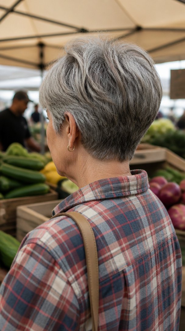 Back view of a woman over 60 with thick salt-and-pepper hair in a short tapered cut with a stacked back