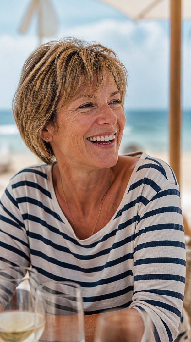 Woman over 50 with thick dark blonde hair in a textured bixie cut with side-swept fringe