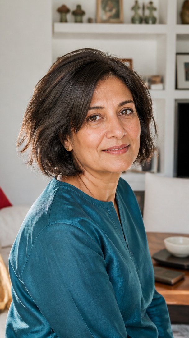 South Asian woman over 50 with thick dark hair in a textured chin-length bob